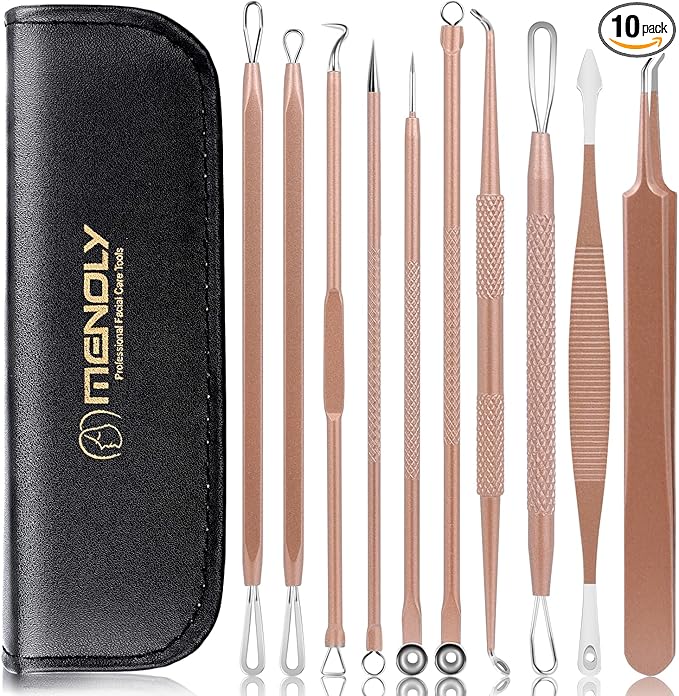 Pimple Popper Tool Kit, MENOLY 10 Pcs Blackhead Remover Comedone Extractor Acne Removal Kit for Blemish, Whitehead Popping,Zit Removing for Nose Face Tools with a Leather Bag (Rose Gold)