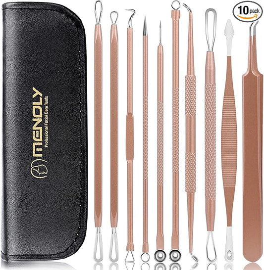 Pimple Popper Tool Kit, MENOLY 10 Pcs Blackhead Remover Comedone Extractor Acne Removal Kit for Blemish, Whitehead Popping,Zit Removing for Nose Face Tools with a Leather Bag (Rose Gold)