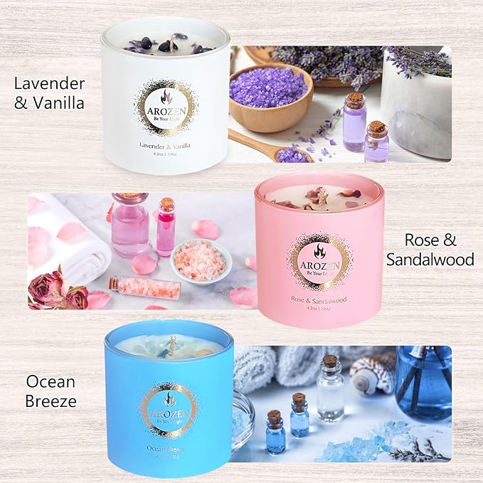 3 Pack Scented Candles Gift Set for Women, Birthday Gifts for Women, Valentines Day for her, Mothers Day Gifts, Candles for Home Scented of Lavender, Ocean Breeze & Rose Sandalwood
