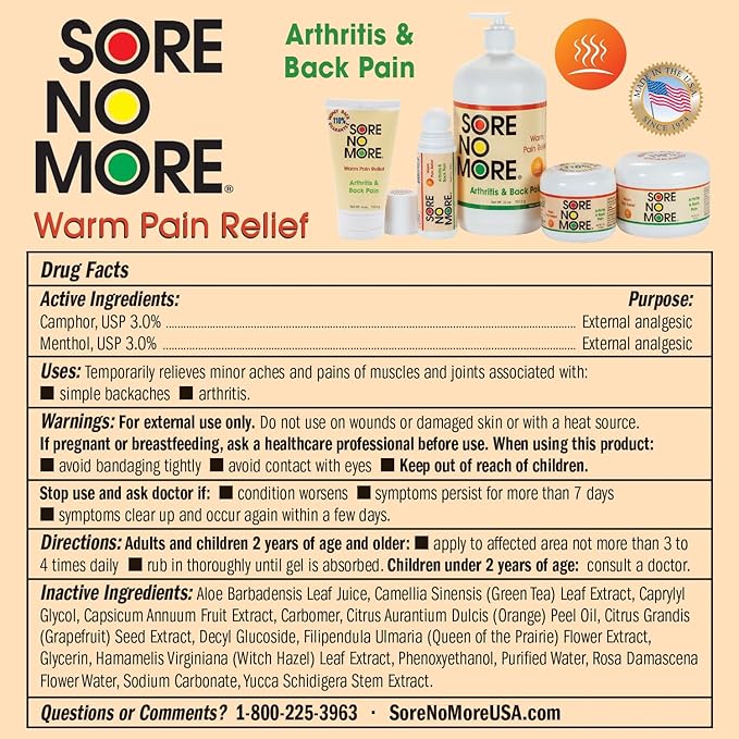 Sore No More Warm Arthritis Pain Relief Roll On – Targeted Reliever for Back, Neck, Hands & Feet – Soothing & Fast-Acting Formula for Aches and Pains – Non-Greasy with Orange Aroma – 3 oz