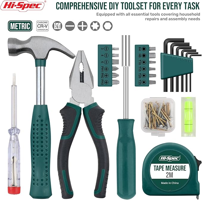 Hi-Spec 25pc Green Small Compact Hand Tool Kit Set for Home & Office DIY. Household Basic Toolkit Starter Repairs in a Portable Tool Box Case