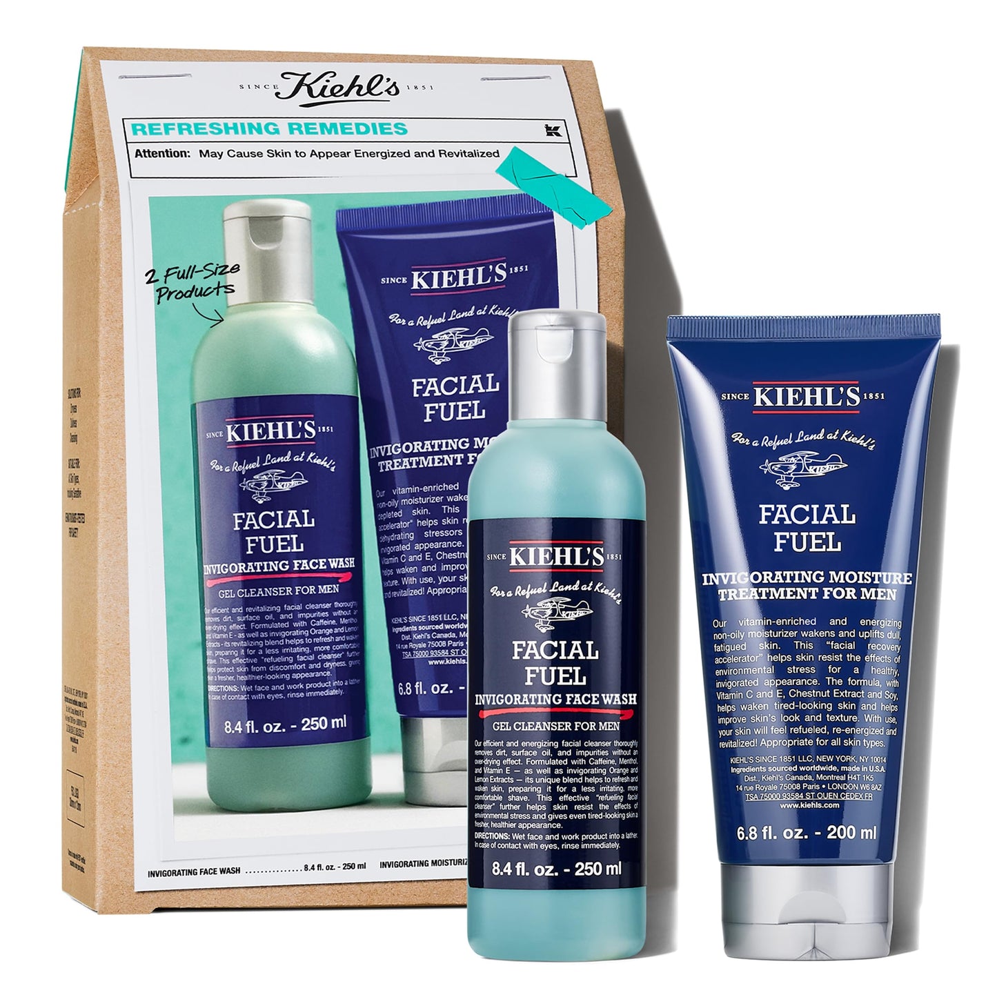 Kiehl's Essentials Men's Skincare Gift Set - $75 Value Routine Including Facial Fuel Cleanser and Moisturizer - Awaken & Hydrate Skin