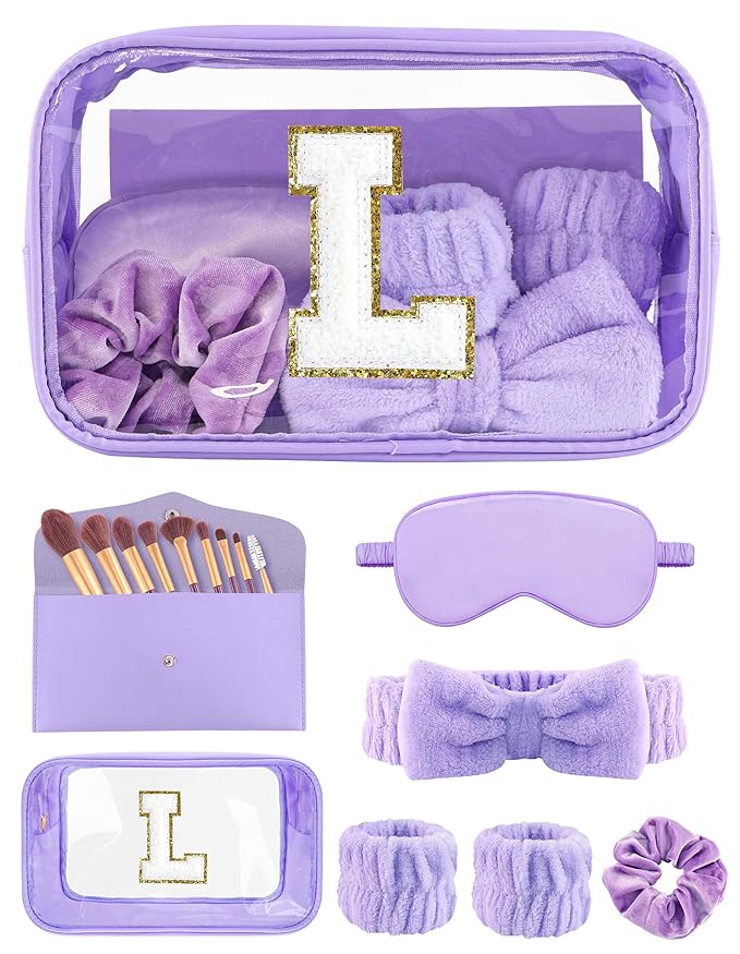Gift Sets for Women, Initial Makeup Bag with Makeup Brush Set Bachelorette Party Favors, Purple Spa Kit with Skincare Headbands Wrist Bands Sleepover Party Supplies Gifts for Teen Girls Bridesmaid L