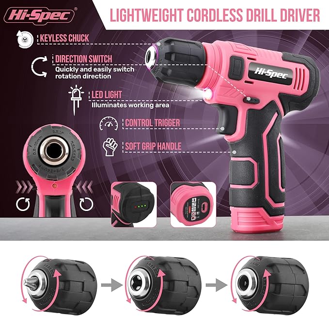 Hi-Spec 110pc Pink 8V USB Electric Power Cordless Womens Drill Driver Set. Drill Bits, Sockets and Screwdriver Bit Set Accessories In a Portable Toolbox Case for Ladies