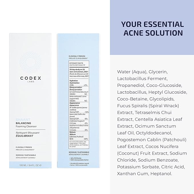 Codex Labs Shaant Balancing Foaming Face Cleanser - Oil Control & Pore Minimizer for Acne-Prone, Oily & All Skin Types - Micellar Water, Oil-Free, Vegan & Cruelty-Free (3.4 oz)