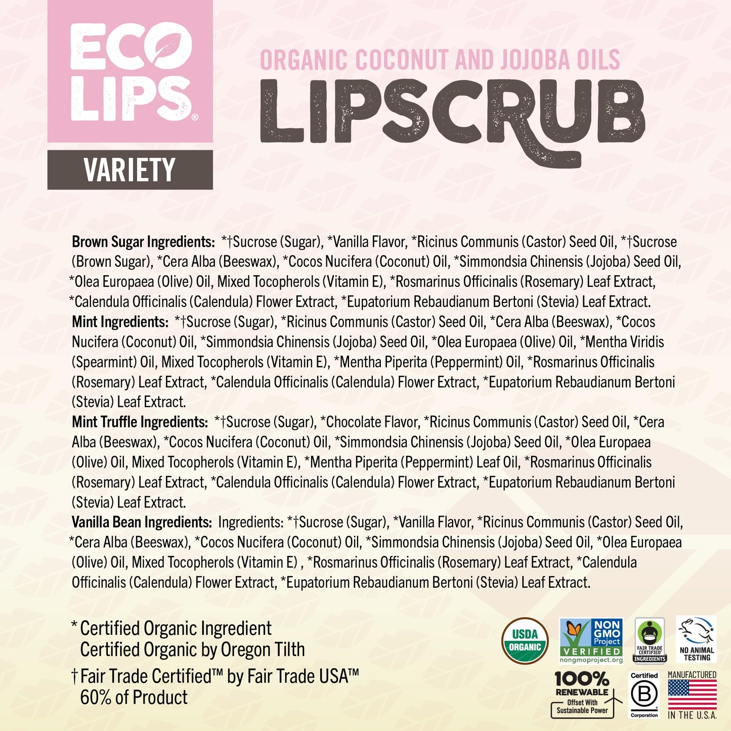 Eco Lips LIP SUGAR SCRUB 4 Pack (4-0.25oz jars) 100% Organic Lip Care Treatment with Organic Sugar & Coconut Oil - Gently Exfoliate & Polish Dry, Flaky Lips (Variety 4-Pack)