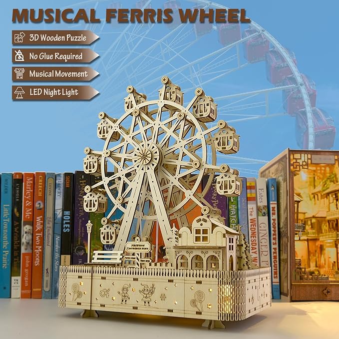 3D Wooden Puzzle Upgraded Ferris Wheels Music Box Model LED Light DIY Crafts Kits Home Decoration Brain Teaser Valentine’s Day Birthday Gift for Adults & Kids (Ferris Wheel LG)