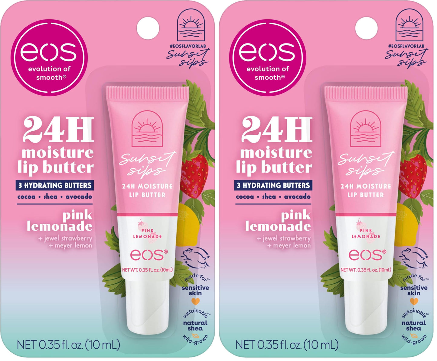 eos Sunset Sips Lip Butter Tube- Pink Lemonade, 24-Hour Moisture, Overnight Lip Mask, Lip Care Products, 0.35 fl oz (Pack of 2)