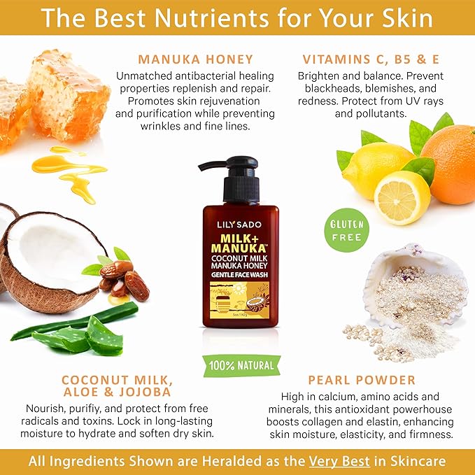 LILY SADO MILK+MANUKA™ Coconut Milk & Manuka Honey Gentle Gel Face Cleanser - Natural Cruelty-Free Facial Wash Cleanses, Balances, Soothes & Hydrates - Reduces Pores & Blackheads - 5oz