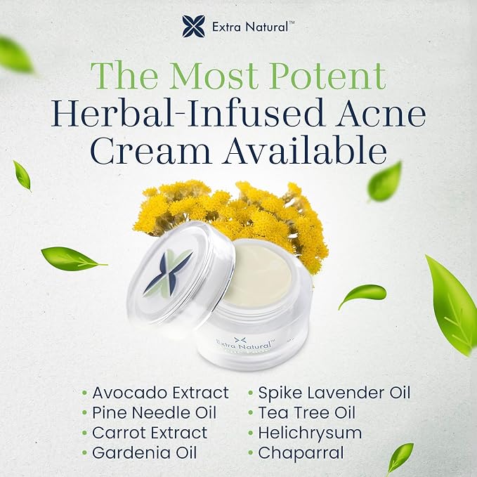 Extra Natural Acne Fade Treatment - Maximum Strength Face Cream for Sensitive Skin - For Pimple, Blackhead, Whitehead, Cystic, Hormonal Acne, Scar - Fast Acting Herbal Formula with Lavender & Tea Tree