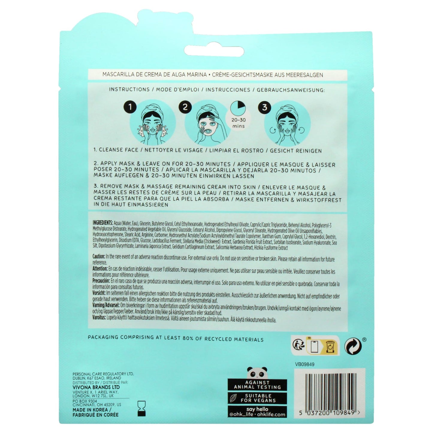 Oh K! Cream Sheet Mask - Algae - Korean Face Mask Sheet - Facial Skin Care Products - Clean Korean Skincare - Hydrating Face Sheets - 1 Pc