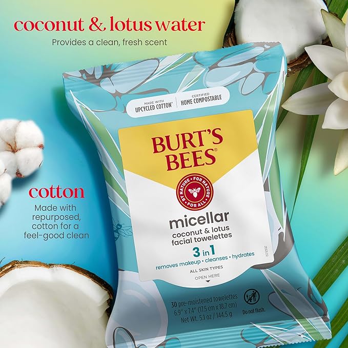 Burt's Bees Back To School Dorm Essentials, Coconut & Lotus Face Wipes, for All Skin Types, Micellar Makeup Remover & Facial Cleansing Towelettes, 30 Ct. (3-Pack)