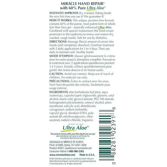 Miracle of Aloe Miracle Hand Repair Cream 1 oz Healing Aloe Vera Lotion for Dry, Cracked Hands with 60% Ultra Aloe Gel - Moisturizes, Softens, and Repairs - Non-Greasy (3-Pack)