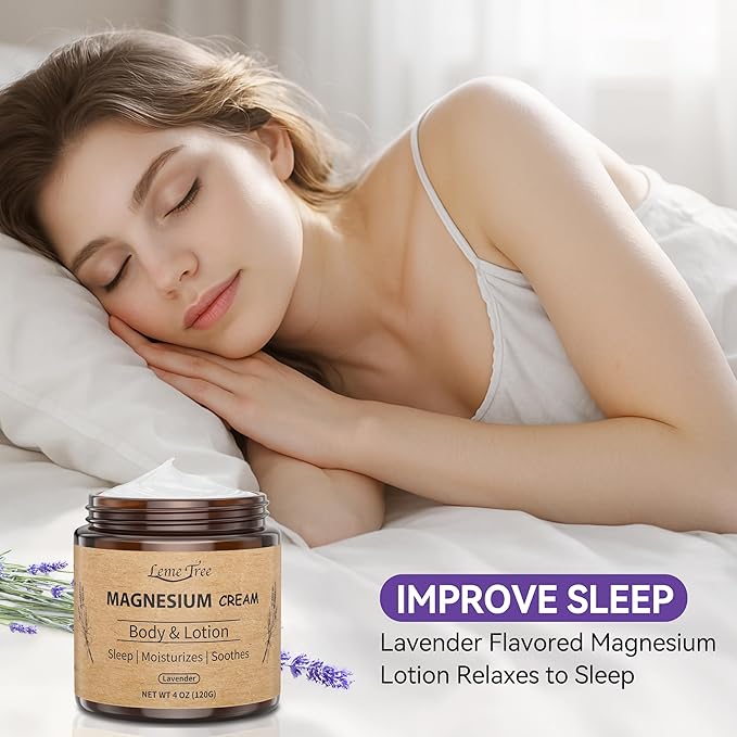Magnesium Cream for Sleep, Topical Nighttime Magnesium Lotion for Leg, Cramps & Pain, Muscle Soothing, Magnesium Body Butter with Jojoba Oil, Shea Butter & Vitamin E, Safe for Kids (Lavender)