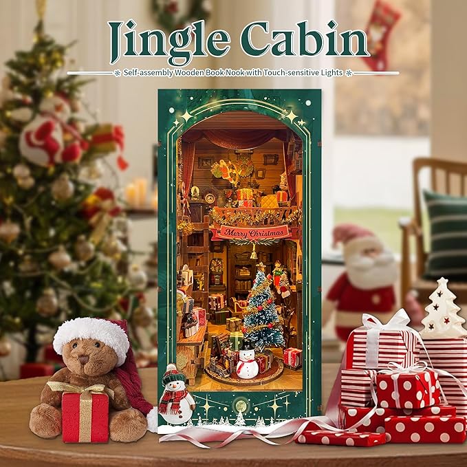 DIY Book Nook Kit - Christmas Wooden Miniature House Kit Rotating Decor, Gift for 14+ Dollhouse Kit - Jingle Cabin (SQ-34)