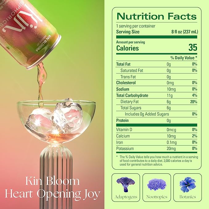 Kin Euphorics Kin Bloom Non-Alcoholic Functional Beverage | All day rosé | Elevate Your Mind & Spirit | Prebiotic | L-Theanine, Schisandra, Damiana | Ready to Drink | 8 Fl Oz (12pk)