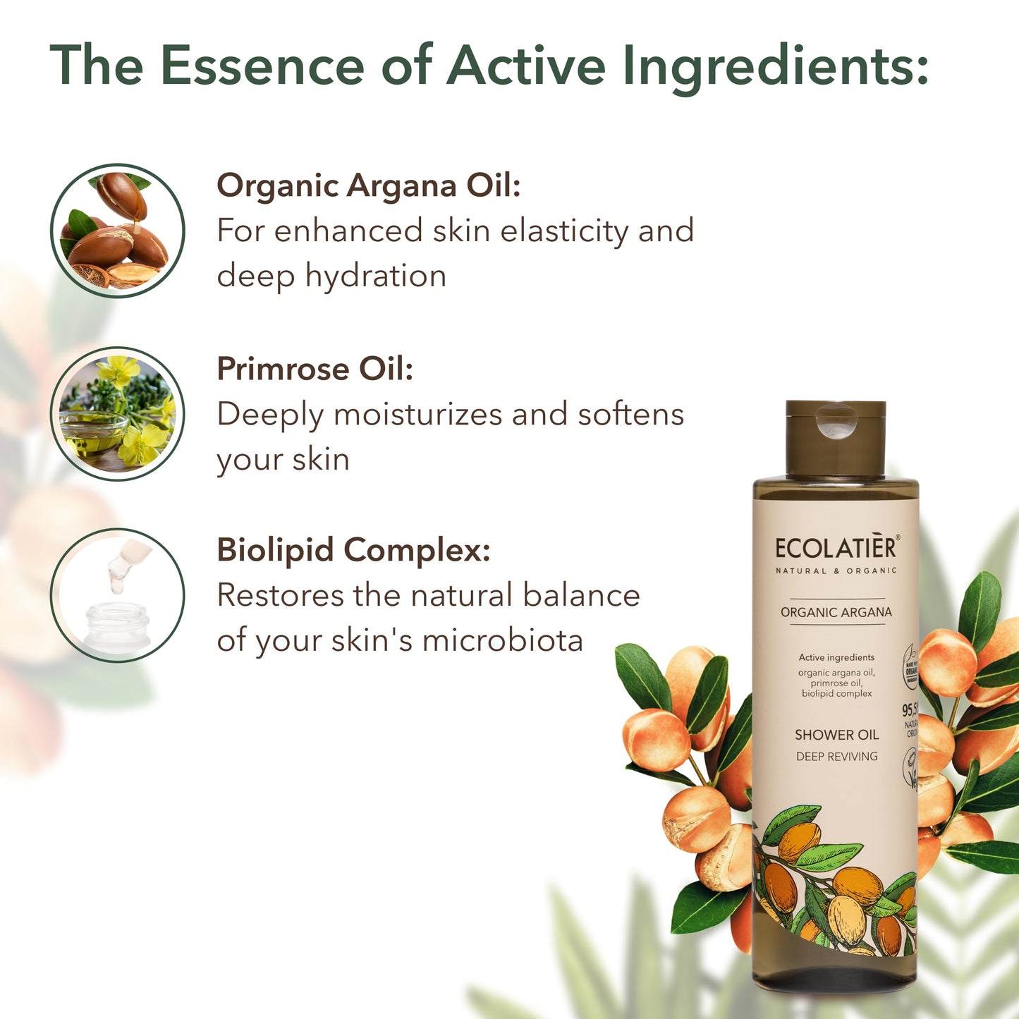 ECOLATIÈR Shower Oil, Facial Foam Cleanser & Daily Facial Cream - Revitalizing & Nourishing Organic Argana Bundle - Hydrating, Anti-Aging & Skin Elasticity Boost Care Set