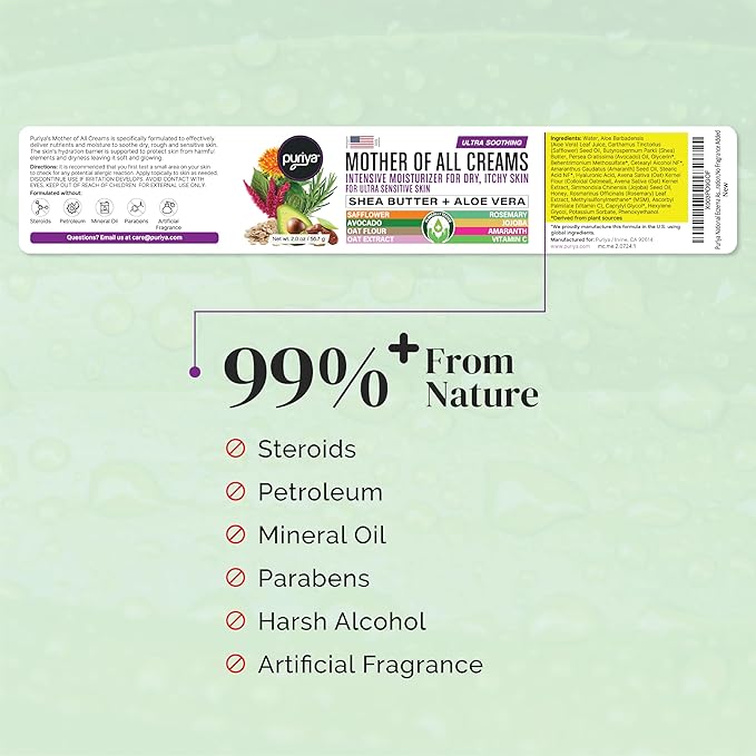 Puriya National Eczema Association Accepted Cream 2 oz, Dry Itchy Skin Relief, Colloidal Oatmeal Lotion, For Kids, Adults, Face, Hands, Mother of All Creams, Plant-Based Hydration,No Fragrance Added