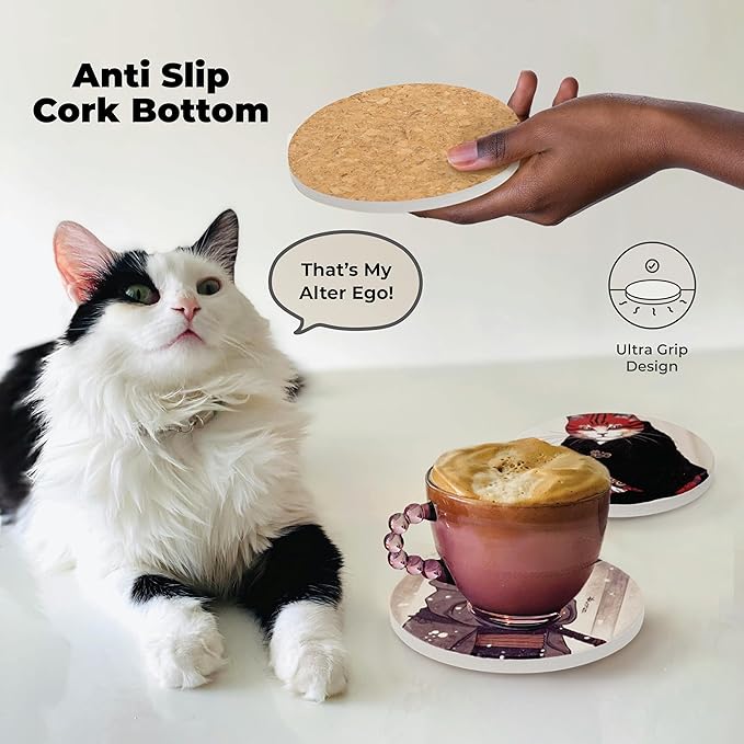 Cat Coasters Ninja Edition - Anime Cat Decor - Set of 6 Drink Coasters with Holder