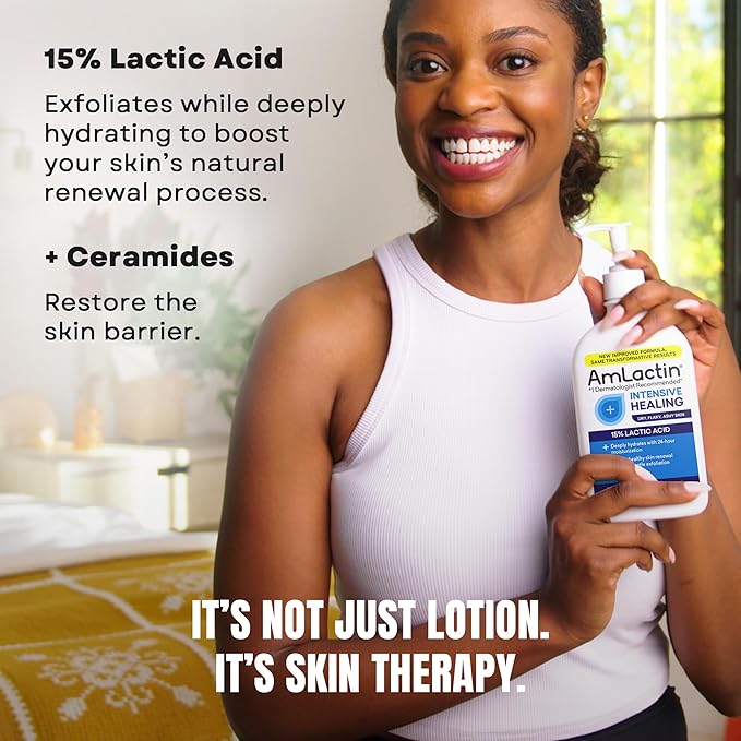 AmLactin Intensive Healing Body Lotion for Dry Skin, 14.1 oz Pump Bottle, 2-in-1 Exfoliator & Moisturizer with Ceramides & 15% Lactic Acid for Relief from Dry Skin (Packaging May Vary)