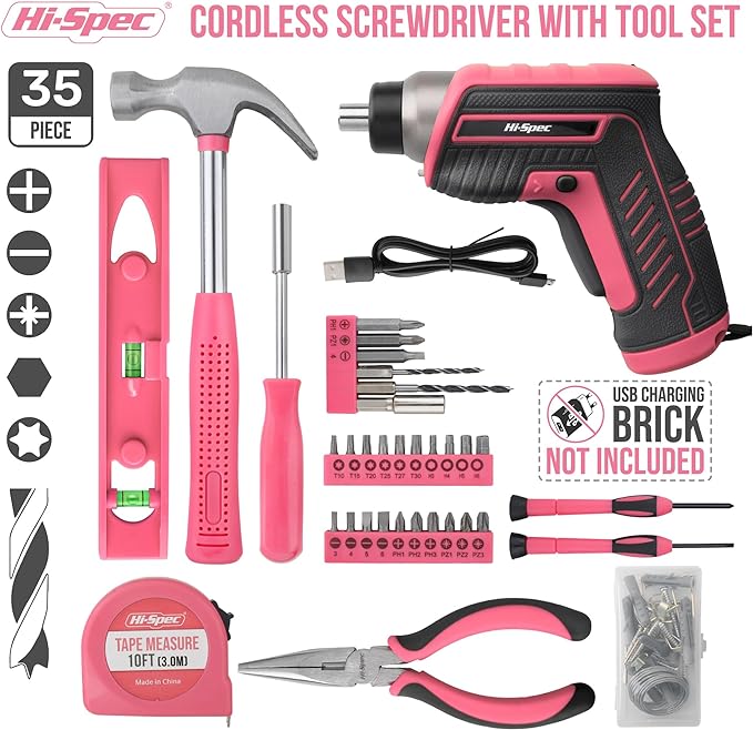 Hi-Spec 35pc Pink Tool Kit with 3.6V USB Electric Screwdriver and Drill Set. Complete Women Tool Set