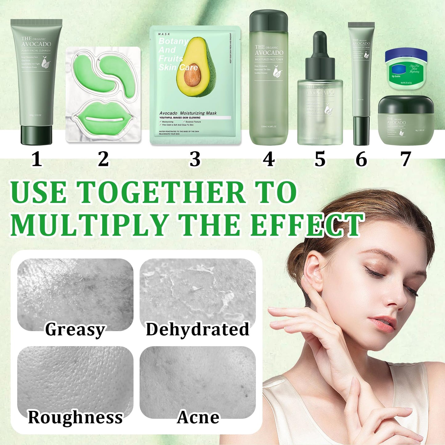 10 Pcs Avocado Skin Care Set with Facial Cleanser,Toner,Face Serum,Face Cream,Eye Cream,Moisturizing Lip Balm,Under Eye Patch and Lip Mask,Hydrating Face Sheet Masks Skin Care Kit for Women and Men