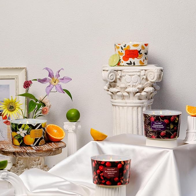 HomeLights Citrus Wood Sage Scented Candles | 18oz Soy Candles Eclectic Mixed Styles 4-Wick Large Candle Jars | Ideal Candle Gifts for Events, Home Decor Stress, Relief & Relaxation