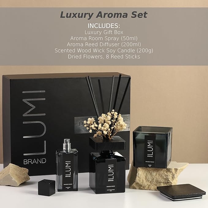 Luxury Aroma Gift Set | Bamboo Forest - Reed Diffuser (200ml), Wood Wick Soy Candle (200g), Room Spray (50ml) | Includes Dried Flowers & 8 Reeds | Luxurious Home Fragrance for Home Décor & Gifts