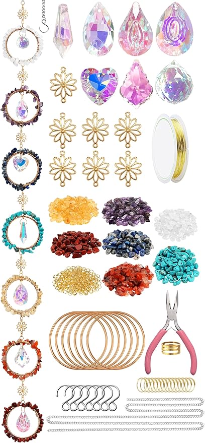 7 Chakra Sun Catcher Kit for Adults DIY Crystal Suncatcher Ornaments with Healing Stones, Window Hanging Arts and Crafts, Suncatcher Making Supplies Kit Hanging Ornaments Decor for Home Gifts