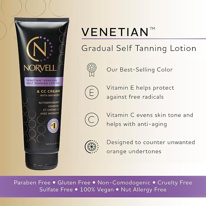 Norvell Venetian Sunless Self Tanner Gradual Color Extender Moisturizing Lotion, 8.5 fl.oz - Self Tanning Cream with Violet and Brown Tone, Instant Bronzers Fake Tan