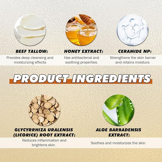 Beef Tallow for Skin Face Wash, Grass Fed Hydrating Facial Cleanser Skincare, Anti Aging Exfoliating Facial Cleanser, Beef Tallow for Face Exfoliating Facial Wash