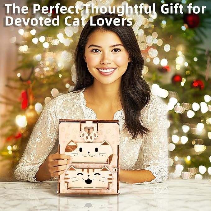 3D Wooden Puzzle Cat Treasure Box, Wood Creative Assembly Model Building Kits to Build for Adults and Teens, DIY Cat Jewelry Box with Mirror Hobbies Projects Gift for Women