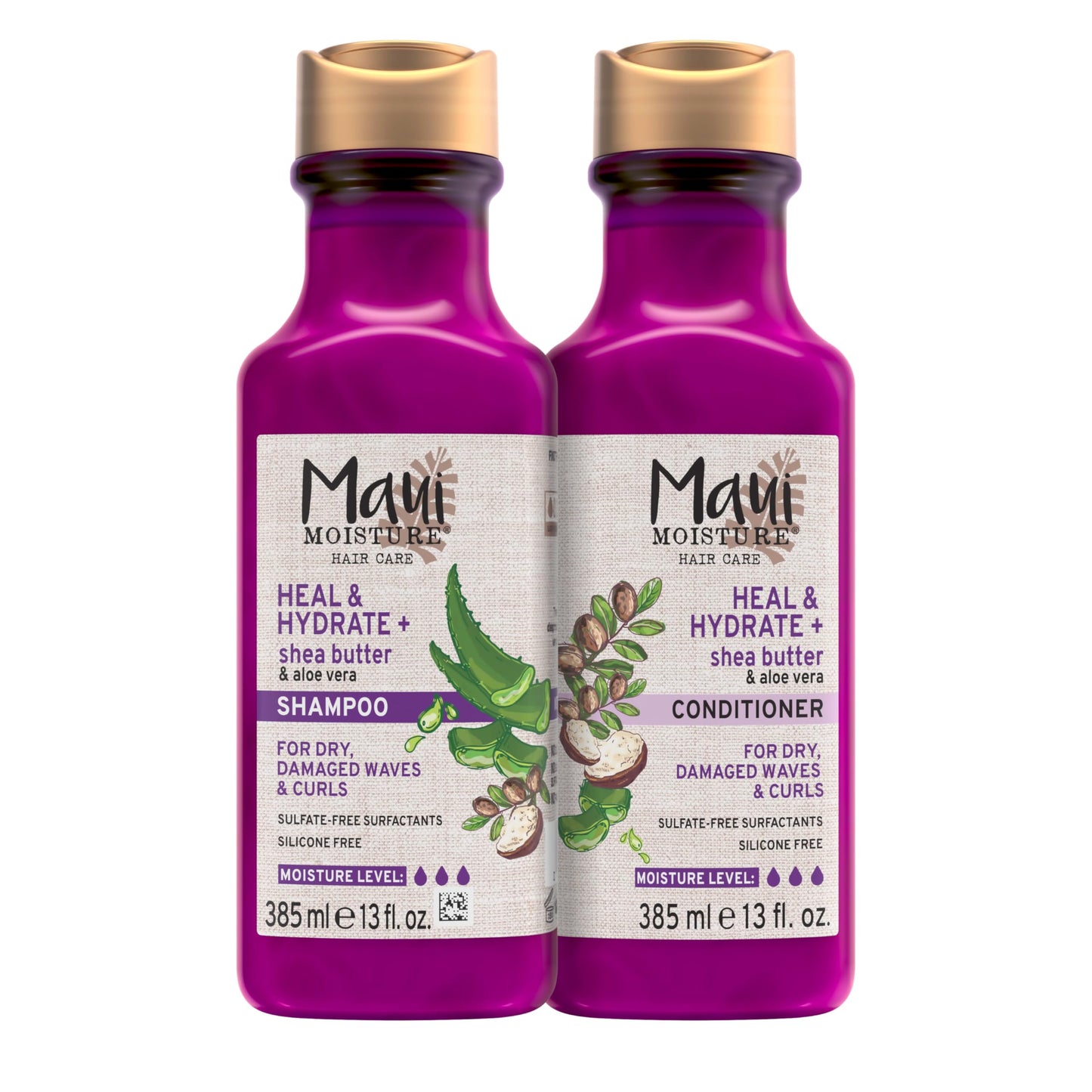 Maui Moisture Heal & Hydrate + Shea Butter Shampoo & Conditioner Bundle, Hair Care Set with Shea Butter & Aloe Vera for Dry, Damaged Waves & Curls, Silicone-Free, Two Pack, 2 x 13 fl. oz