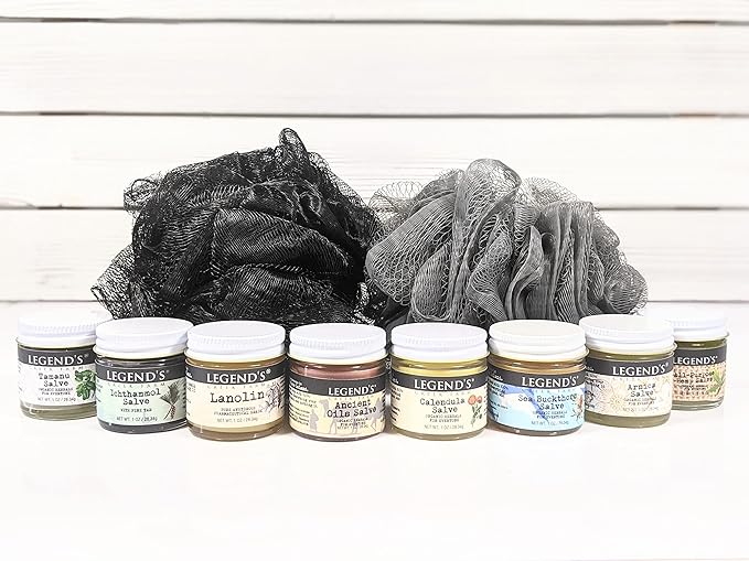 Legend's Creek Farm Herbal Salve Bundle 8 Pack - Pack of 1 oz. Healing Ointment with Ichthammol, Calendula, All-Purpose Hemp, Sea Buckthorn, Tamanu & Hemp, Arnica, Ancient Oil, Lanolin (8 Jars)