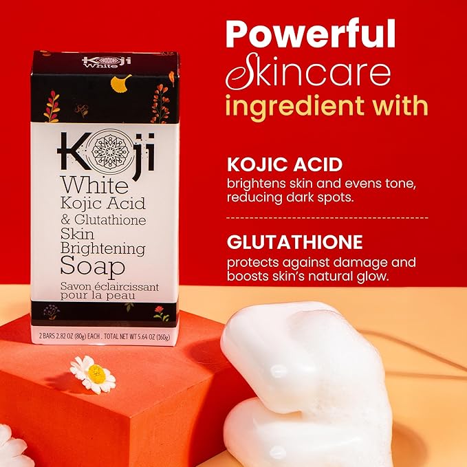 Koji White Kojic Acid & Glutathione Skin Brightening Soap for Body & Face Exfoliating, Hydrating and Cleansing Bar for Reduce the Appearance of Fine Lines and Wrinkles, Vegan, 2.82 oz (2 Bars)