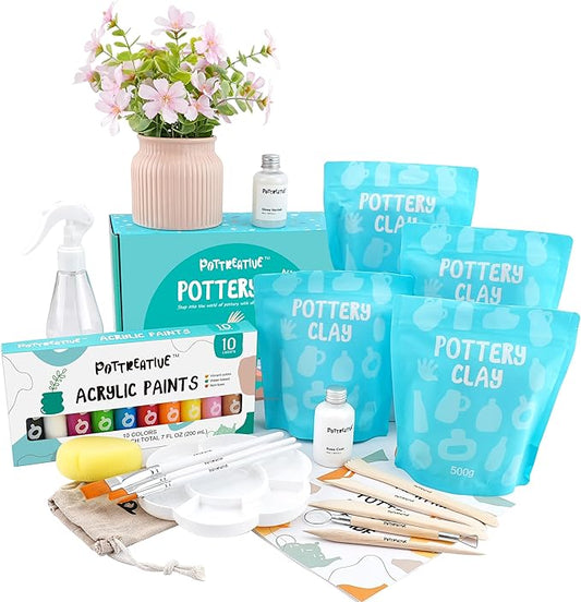 POTTREATIVE Air Dry Clay Pottery Kit - Home DIY Pottery Starter Kits with Air-Dry Clay，Sculpting Pottery Tools and Step-by-Step Guide - Great for Date Night, Arts Crafts Hobby