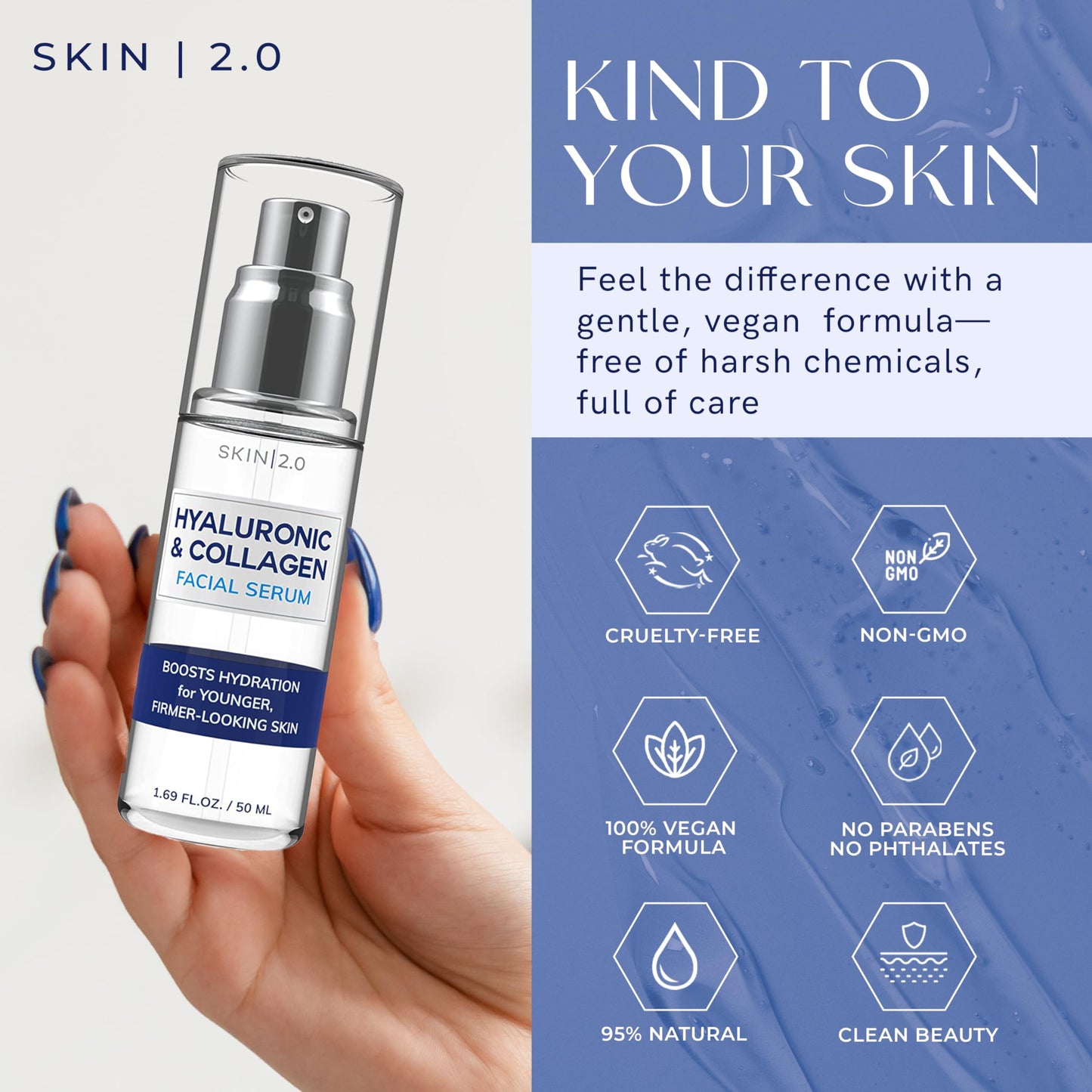 Skin 2.0 Hyaluronic Acid & Collagen Face Serum - Dermatologist Tested, Skin Tightening, Hydrating - Anti-Aging, Clean Beauty, Cruelty-Free Korean Skincare for All Skin Types - 1.69 Fl oz