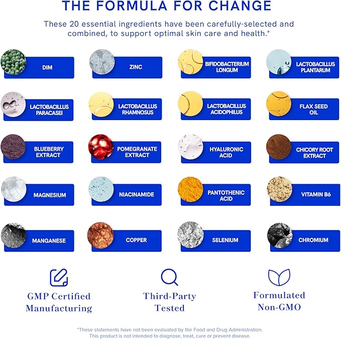 Clear Skin Acne Supplement with Zinc, DIM & Probiotics | 3-in-1 Balance, Clarify, Restore Support with Hyaluronic Acid & Skin Support Vitamins | for Women & Men | Oral Hormonal Acne Pills | 180 Ct