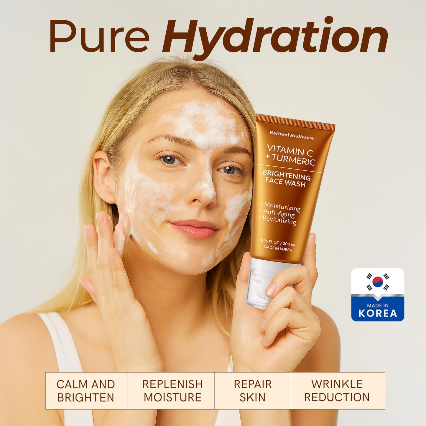 Refined Radiance Vitamin C & Turmeric Face Wash – Dermatologist Tested, Anti-Aging, Korean Skin Care – Evens Skin Tone, Reduces Dark Spots, Boosts Radiance – Clean Vegan Beauty – 200 ML