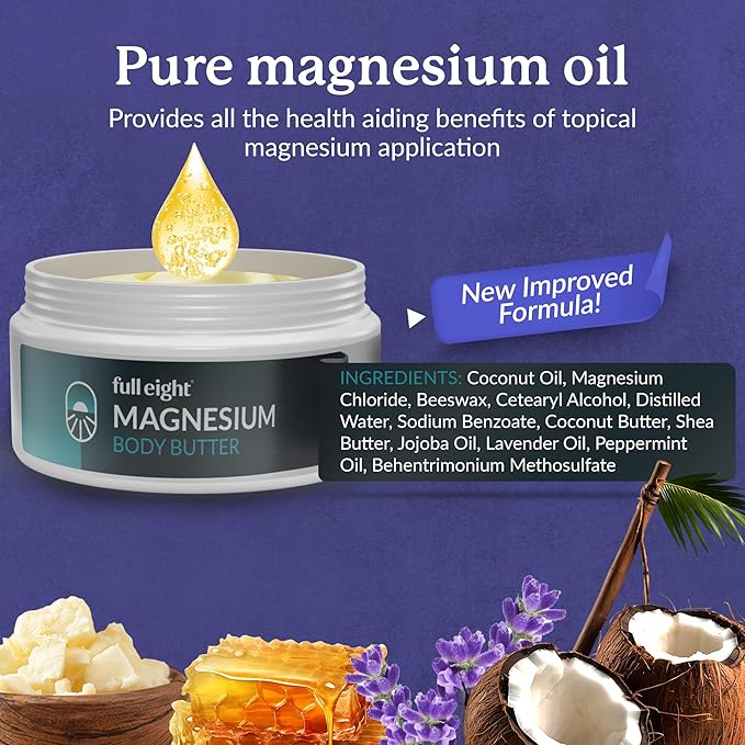 Magnesium Body Butter – New Improved Formula, Quick Ease for Tensed Legs, Tight Muscles & Sleep, Organic Ingredients with Pure Magnesium Oil, Topical Cream, 8oz