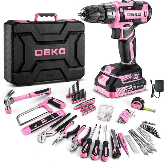 DEKOPRO Pink Drill Tool Kit Set: 20V Cordless Power Drill Tool Box with Battery Electric Drill Driver for Men Home Hand Repair Basic Toolbox Tools Sets Drills Case, DKMT186-GP
