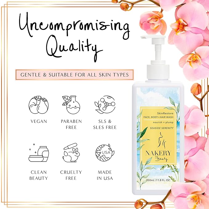 Nakery SkinRestore Hydrating Face & Body Wash with Hyaluronic Acid - Body Wash for Sensitive Skin - Foaming Face Wash & Oil Cleanser for Women 350ml - Sulfate Free & Cruelty Free - Seaside Serenity