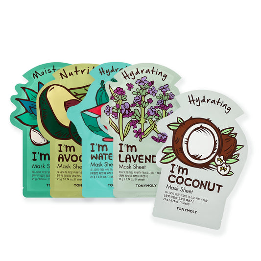 TONYMOLY I'm Hydration Sheet Mask Gift Set, Korean Skin Care Face Mask, Hydrating & Moisturizing Skincare, Vitamin Infused Facial, Soothes Skin, 5pk