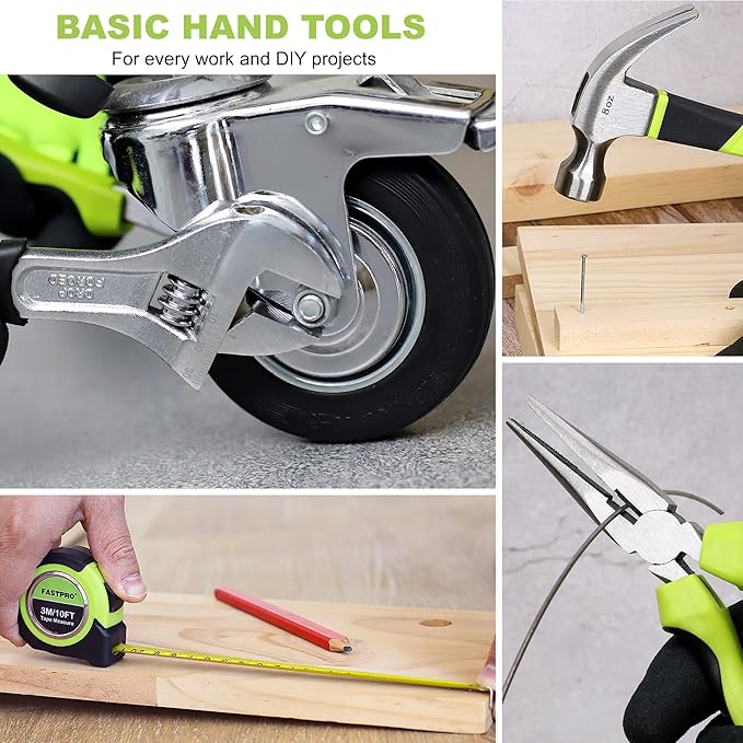 FASTPRO 160-Piece Home Tool kit with Drill, 12V Cordless Lithium-ion Drill Driver and Household Repairing Tool Set with Storage Case, For DIY, Home Maintenance, Green