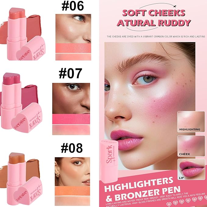 Heart Blush Stick, Matte Rouge Stick, Cheek Contour (08#, 0.) 21 OZ