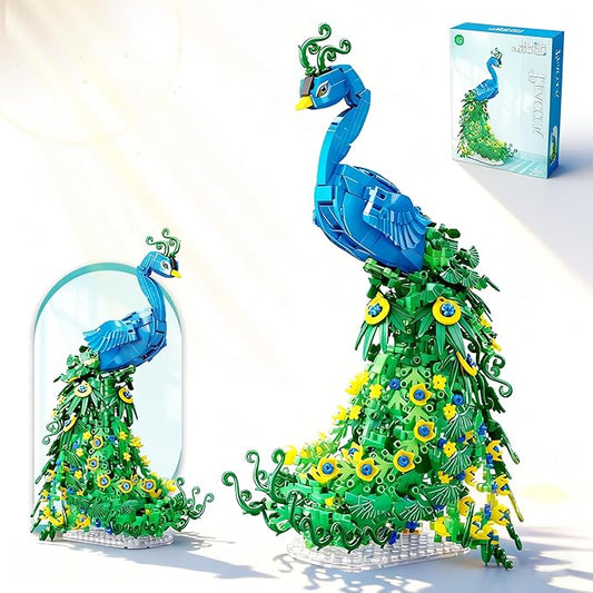 Flowers Peacock Building Block Set, Beautiful Fly Animal Art Bird Peacock on Botanical Green Vivid Feather DIY Flowers Building Kit, Home Office Decor Ideal Christmas Toy Gift for Teen, Adult(807PCS)