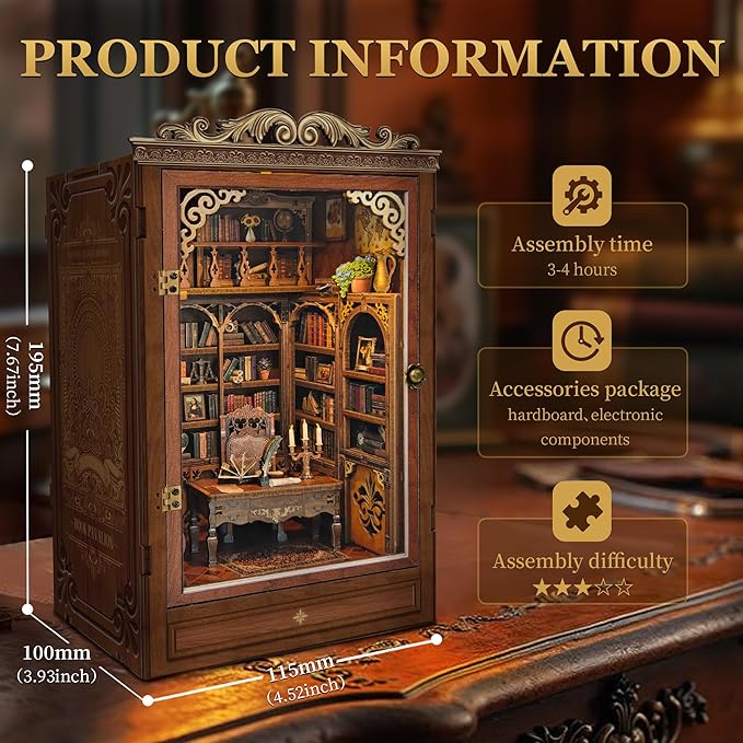 Book Nook Kit, DIY Mini Vintage Library for Stress Relief, 3D Wooden Puzzle Bookshelf Decor with Dust Cover, Gifts for Adults Teens, Book Lovers- Time Book House(SQ-47)