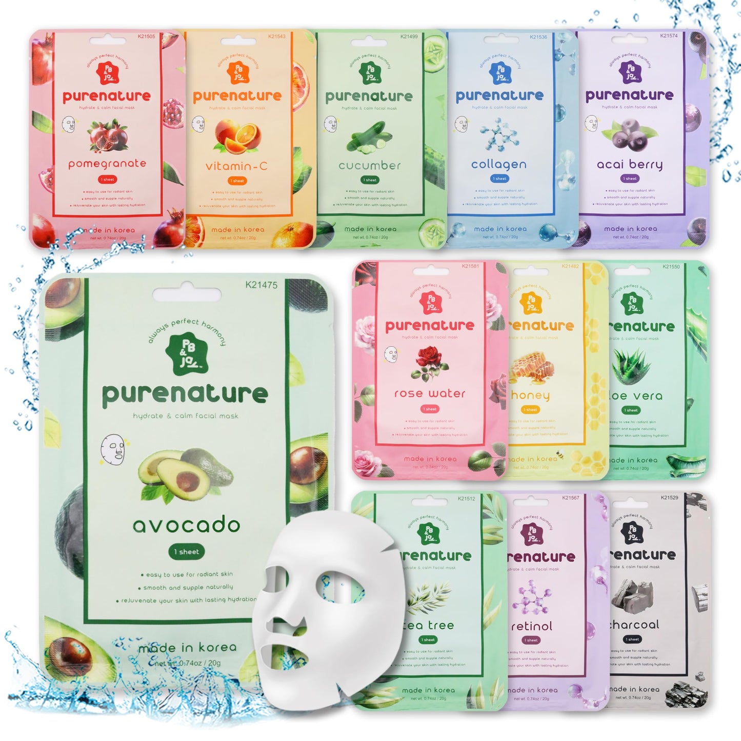 PB&Jay Purenature Hydrate and Calm Facial Mask - 12 Pack Acai Berry,Vita c,retinol and more, Made in Korea, Face Mask Skincare for Hydration, Skincare Face Mask, Moisturizing Mask for Sensitive Skin