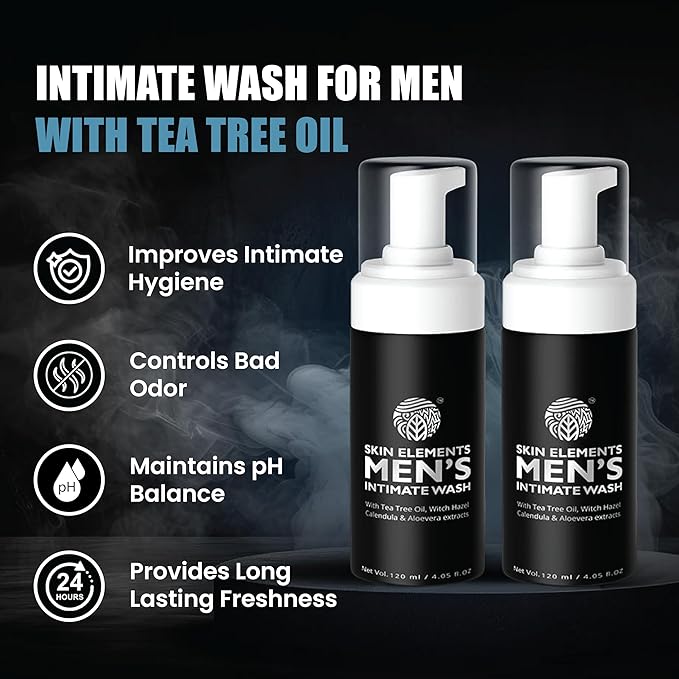 Skin Elements Intimate Wash for Men with Tea Tree Oil (Combo) | pH Balanced Foaming Hygiene Wash | Controls Bad Odor & sweat | Refreshes Intimate Area | Jabon Intimo Hombre | 120 ml | Pack of 2