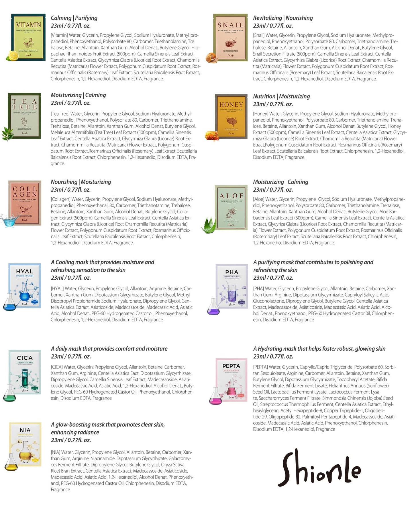 SHIONLE 11 Combo Pack A+B Vital & Essential Face Mask Sheet 11 Types Variety Set, Premium K-cosmetics Korean Skincare, Moisturizing Treatment Mask, Natural Home Spa Self Care For All Skin Types